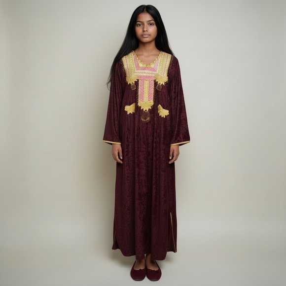 Vintage Moroccan Kaftan traditionalrobe tunic embroidery maroon pink yellow gold - Picture 3 of 8